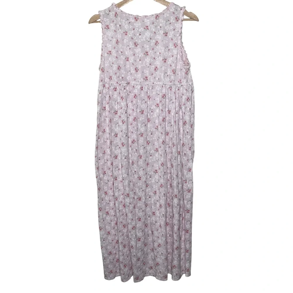 Eileen West Pink Floral Cotton Modal Sleeveless Nightgown Medium Ruffle Lace Tie